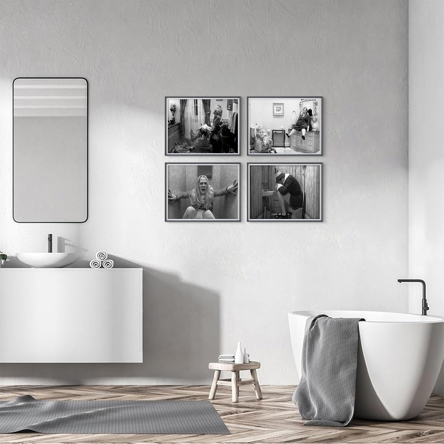Regine Switzerland Funny Bathroom Wall Art Set of 4 | Vintage Black and White Prints, Unframed 11x14 Inch