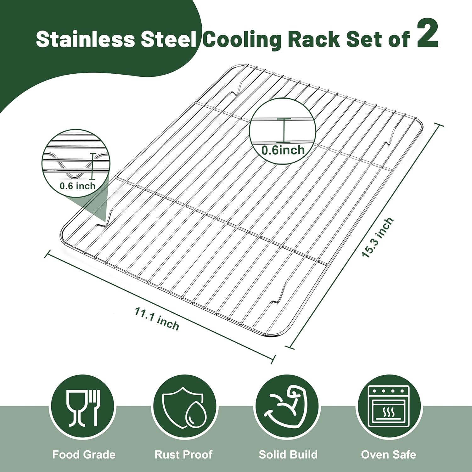 TeamFar Stainless Steel Cooling Rack - Heavy-Duty Baking Rack for Cooking & Grilling | 15.3” x 11.1” | Oven & Dishwasher Safe, Non-Toxic (2PCS)