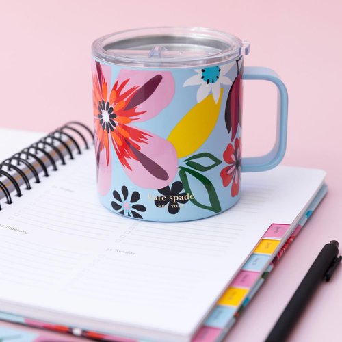 kate spade new york Stainless Steel Insulated Mug with Handle and Lid, 16 Ounce Double Wall Tumbler, Reusable Coffee Travel Mug for Hot and Cold Drinks (Safari Floral)