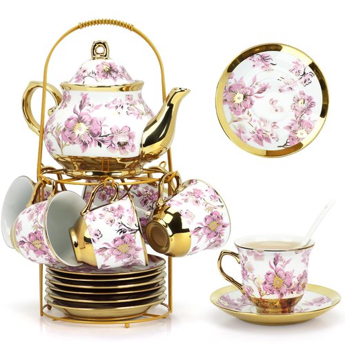 20 Pcs Porcelain Tea Set With Metal Holder,European Ceramic Tea Party Set for Adults,700ml Teapot,Beautiful Tea Cup Gift Sets for Home&Party (Cup-160ml)