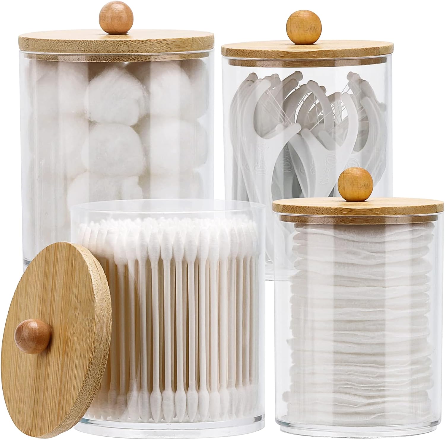 Tbestmax Cotton Swab Holder Dispenser - 4 Pack Clear Plastic Apothecary Jars with Bamboo Lids (12oz, 10oz)