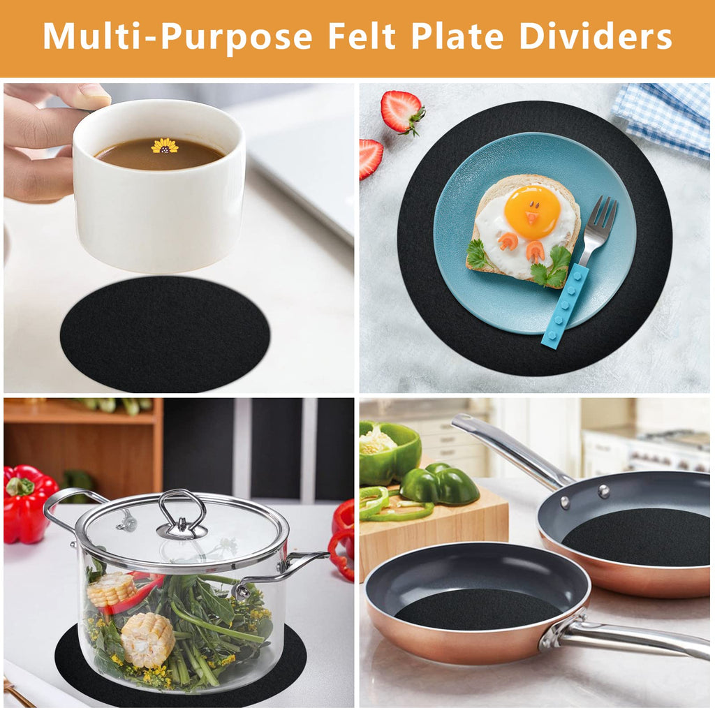 Aemygo 100 Pack Felt Plate Storage Dividers, Thick Felt Round Dish Storage Protectors Pads with 3 Sizes, Premium China Plate Separators for Packing Stacking Cookware, Black