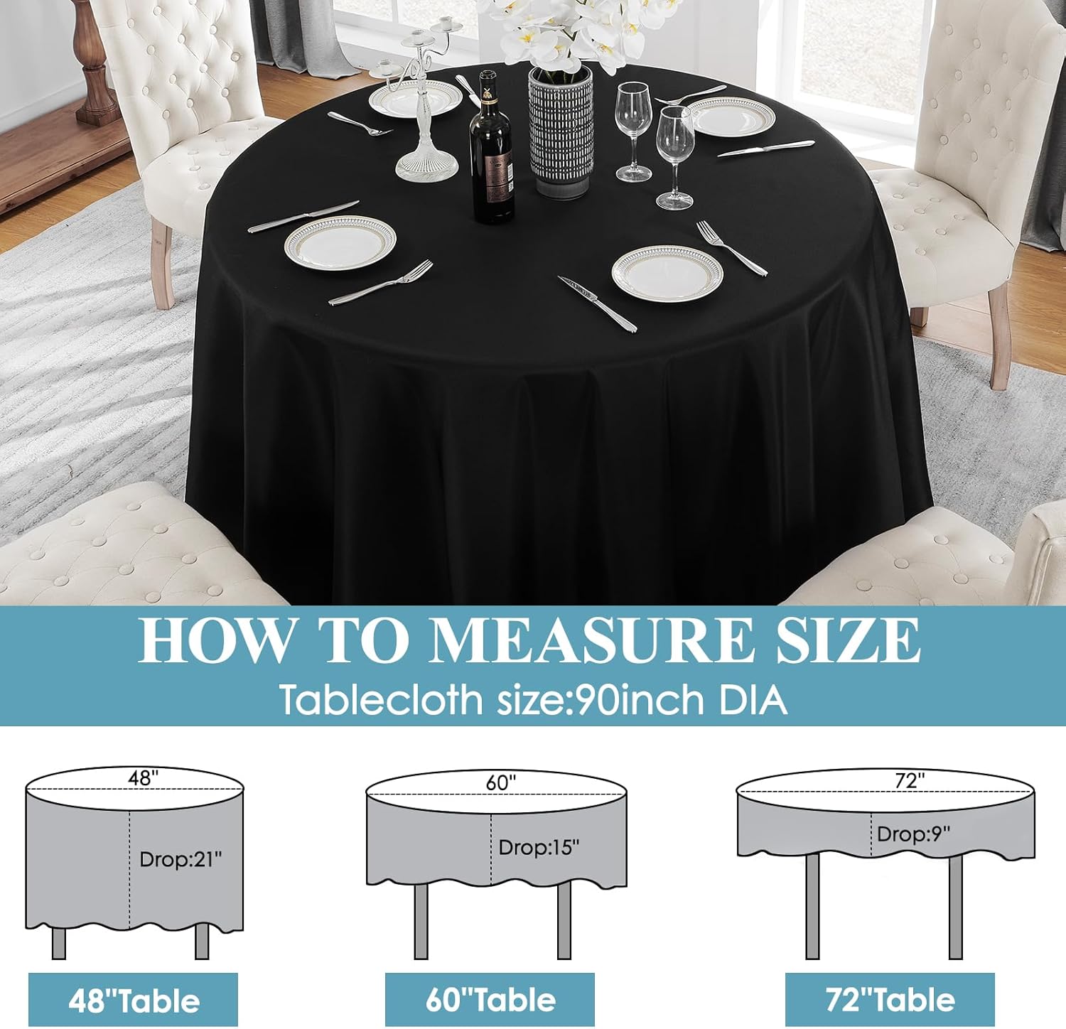 VidaFete 90-Inch Round Tablecloth - Stain Resistant & Wrinkle-Free Polyester for Dining & Events | Black