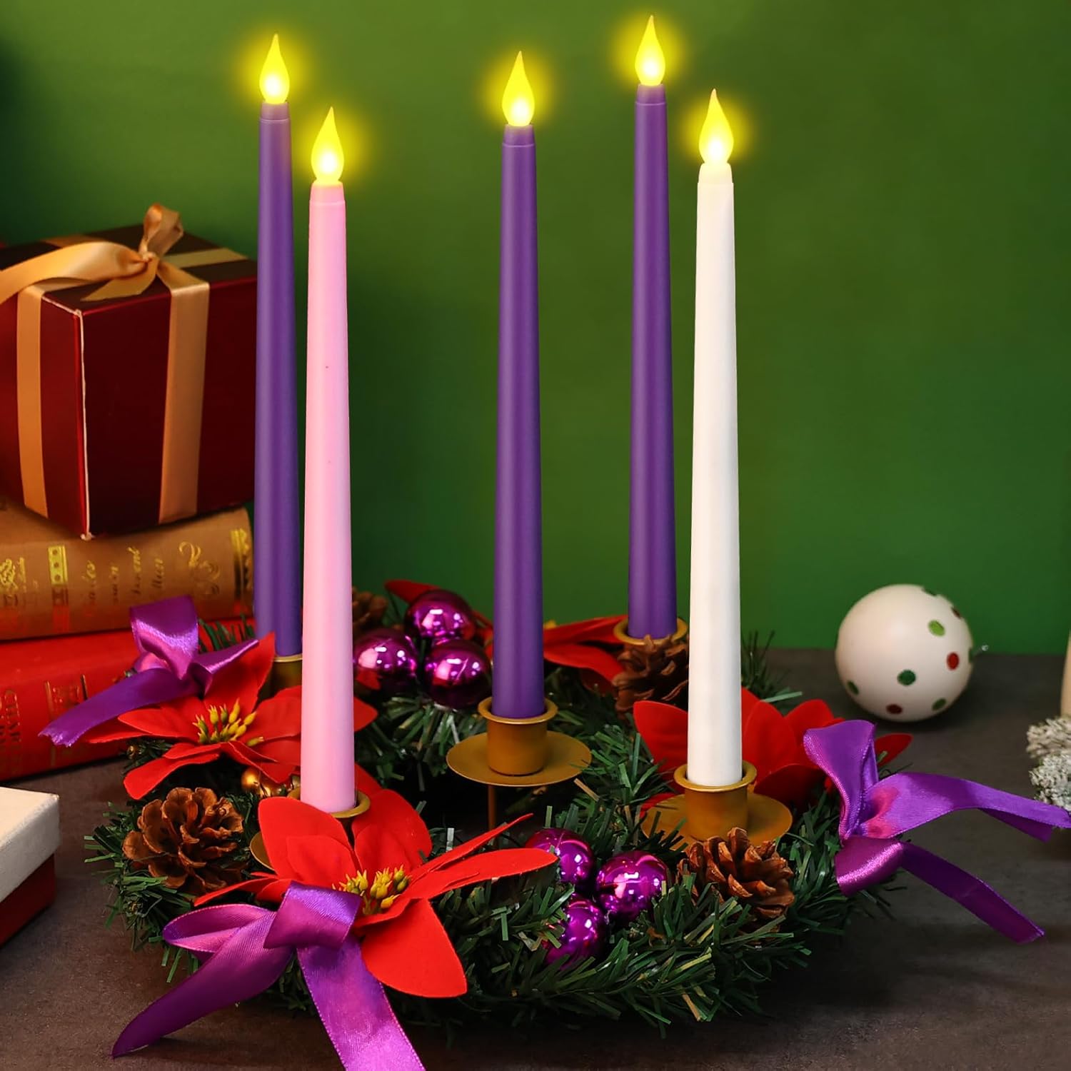 Skiennix 11-Inch Christmas Advent Wreath - 5 Flameless Taper Candles with Ribbon, Pine Cones & Poinsettias in Purple, Pink & White for Festive Table Decor