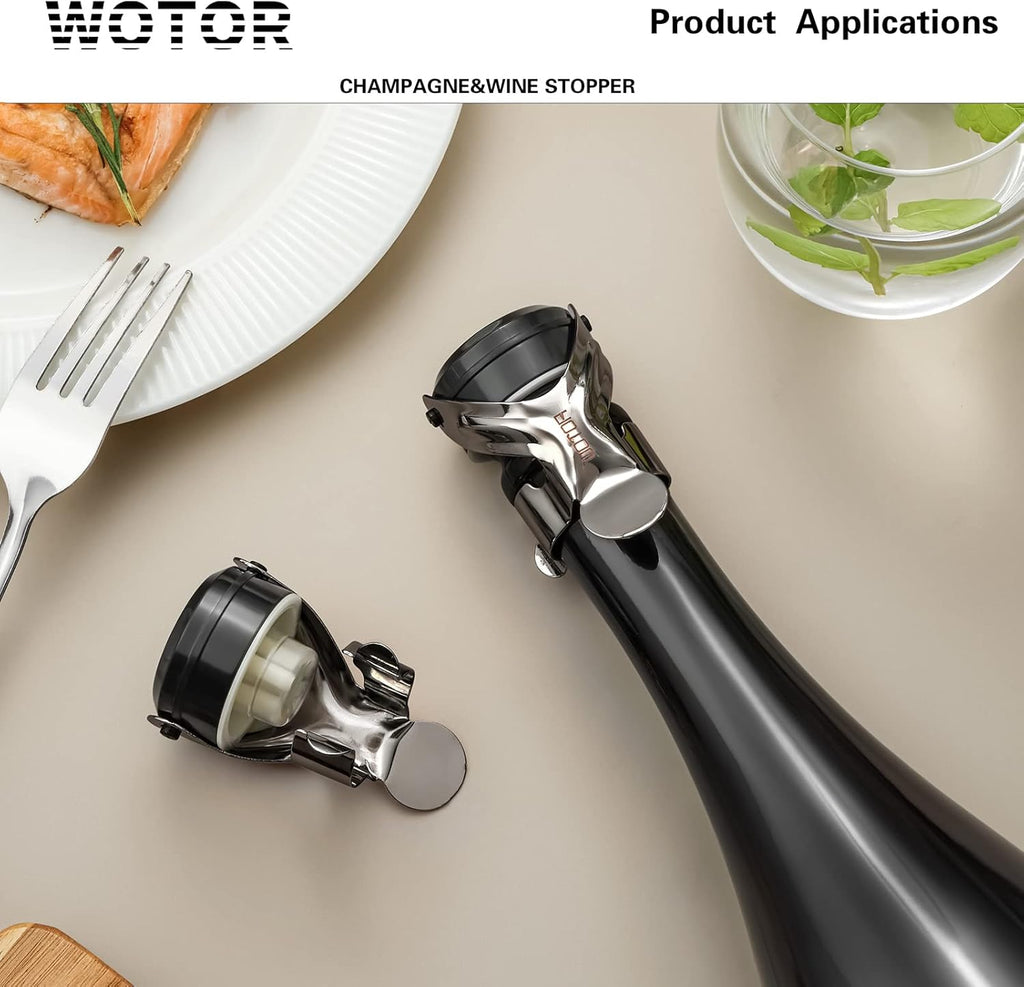 WOTOR Champagne&Wine Bottle Stoppers Stainless Steel with Food Grade Silicone, Leak Proof Keep Fresh Reusable Saver, Cork Suitable for Wine, Champagne, Cava, Prosecco and Sparkling (12 Pack Black）