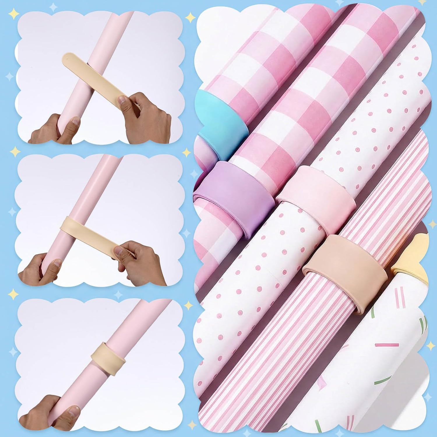 Skiennix Wrapping Paper Roll Holder - 12 Silicone Covered Clips for Easy Storage | 1 x 8.5 in, Multi Colors