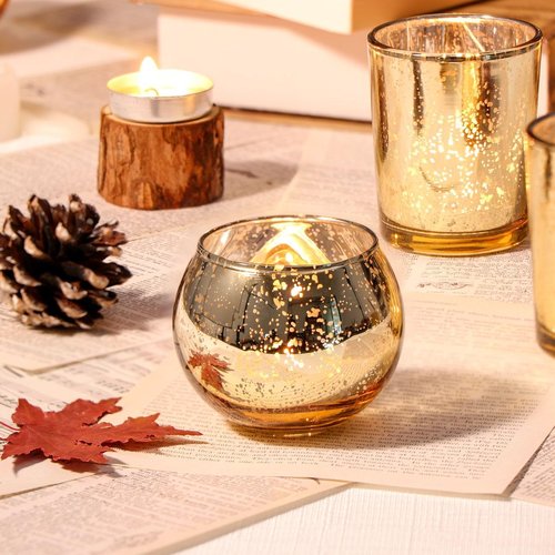 DEVI 48PCS Gold Votive Candle Holders - Mercury Glass Tea Light Holders for Weddings & Parties