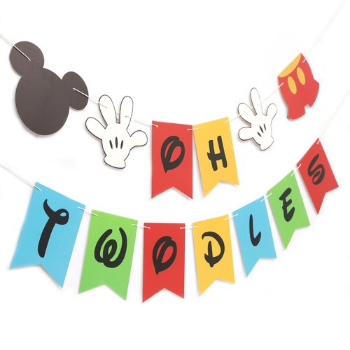 HUHJRUAR Oh Twodles Birthday Banner, Mouse 2nd Birthday Decorations, Girl 2nd Party Banner, 12 inches by 8 inches, Banner-1