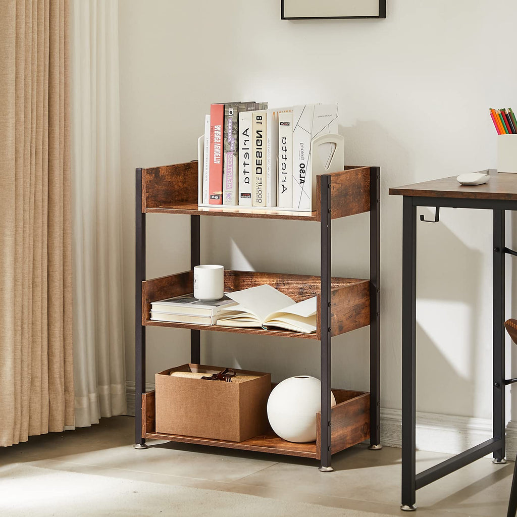 VECELO Bookshelf,Small Bookcase,3-Tier Storage Organizer,Industrial Shelving Unit for Home Office,Living Room,Dormitory,30" H,Retro Brown