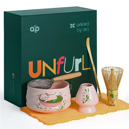 Matcha Gift Set 6 Pcs – Ceramic Bowl, Bamboo Whisk, Whisk Holder, Scoop, Sifter & Cloth – Traditional Japanese Set for Green Tea by Aprika Matcha (Pink with Cats)