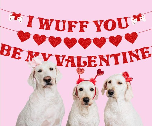 Valentines Day Banner Garland, Set of 3 Glitter Valentines Day Decorations Red Heart Garlands, Dog Valentines Banner Decorations for Home Outdoor Valentines Birthday Anniversary Decor