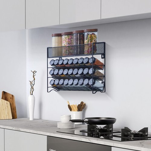 Fiwence Spice Rack Organizer with 27 Spice Jars with Black Lids, Funnel, Spice Labels, Pen, Seasoning Organizer for Cabinet, Countertop, Pantry, Kitchen,Cupboard or Door & Wall Mount