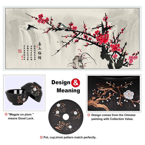 Cast Iron Teapot with Tea Cups Trivet Japanese Style Tetsubin Tea Kettle with Infuser Iron Tea Set Gift for Adult Father Mother Family (Black,Magpie on the Plum Design)