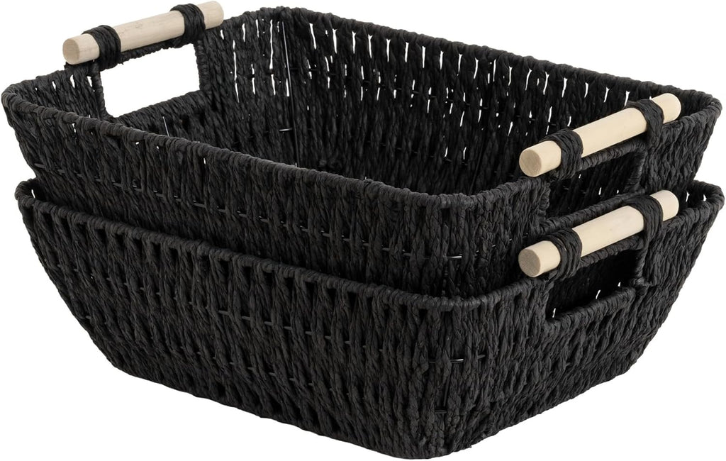 StorageWorks Large Wicker Storage Basket - Organize with Wooden Handles | Black, 2-Pack
