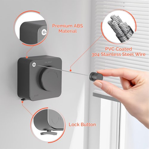 Retractable Clothesline Indoor, Non-Sagging Outdoors Clothesline Retracting, Heavy Duty Retractable Clothes Drying Laundry Line, Wall Mounted Stainless Steel Line - 13.8 Ft (Gray)