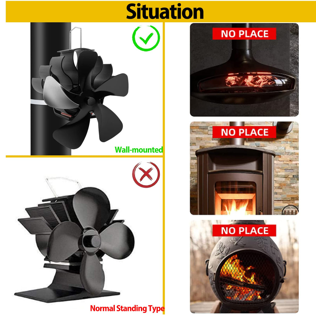 PYBBO Heat Powered Wood Stove Fan, 5 Blades Pipe Fireplace Fan, Silent Operation Motors Thermal Stove Fan for Wood Burning Stove/Pellet/Log/Gas Burner with Magnetic Thermometer