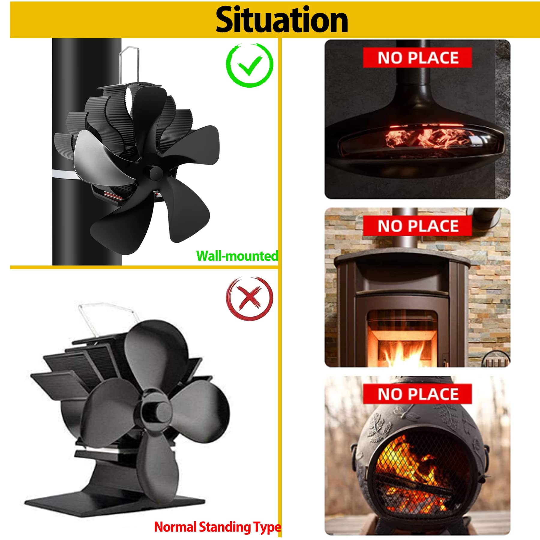 PYBBO Heat Powered Wood Stove Fan, 5 Blades Pipe Fireplace Fan, Silent Operation Motors Thermal Stove Fan for Wood Burning Stove/Pellet/Log/Gas Burner with Magnetic Thermometer