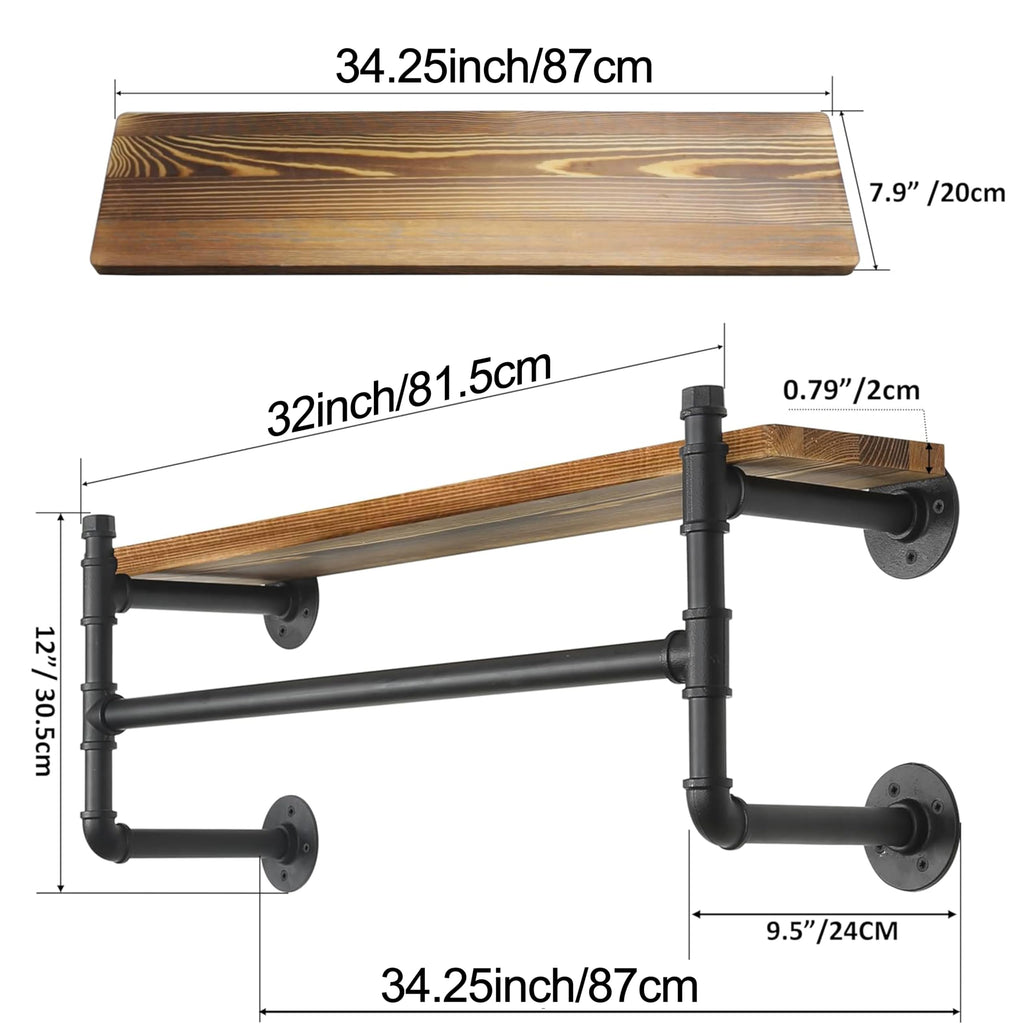 WEBI Wall Mounted Clothes Rack with Shelf,32" Industrial Pipe Clothing Rack with Shelves,Heavy Duty Iron Garment Rack Bar,Retail Display Clothes Rod for Clothes,Laundry Room,Black