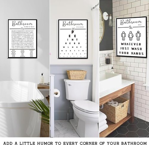Framed Bathroom Wall Art by [Brand Name] - Funny Black and White Word Search Pee Eye Chart | 12x16 Inches, Set of 3