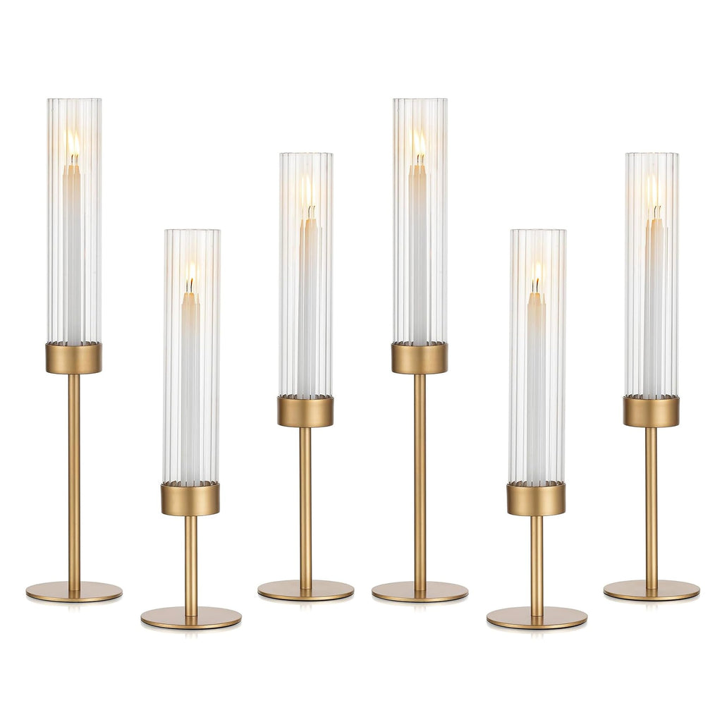 Glasseam Tapered Gold Candlestick Holders: 6 Pcs Tall Brass Taper Candle Holder with Ribbed Glass Cylinder - Hurricane Fluted Candle Holders for Table Centerpiece Wedding Party Christmas Decorations