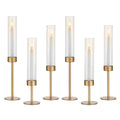 Glasseam Tapered Gold Candlestick Holders: 6 Pcs Tall Brass Taper Candle Holder with Ribbed Glass Cylinder - Hurricane Fluted Candle Holders for Table Centerpiece Wedding Party Christmas Decorations