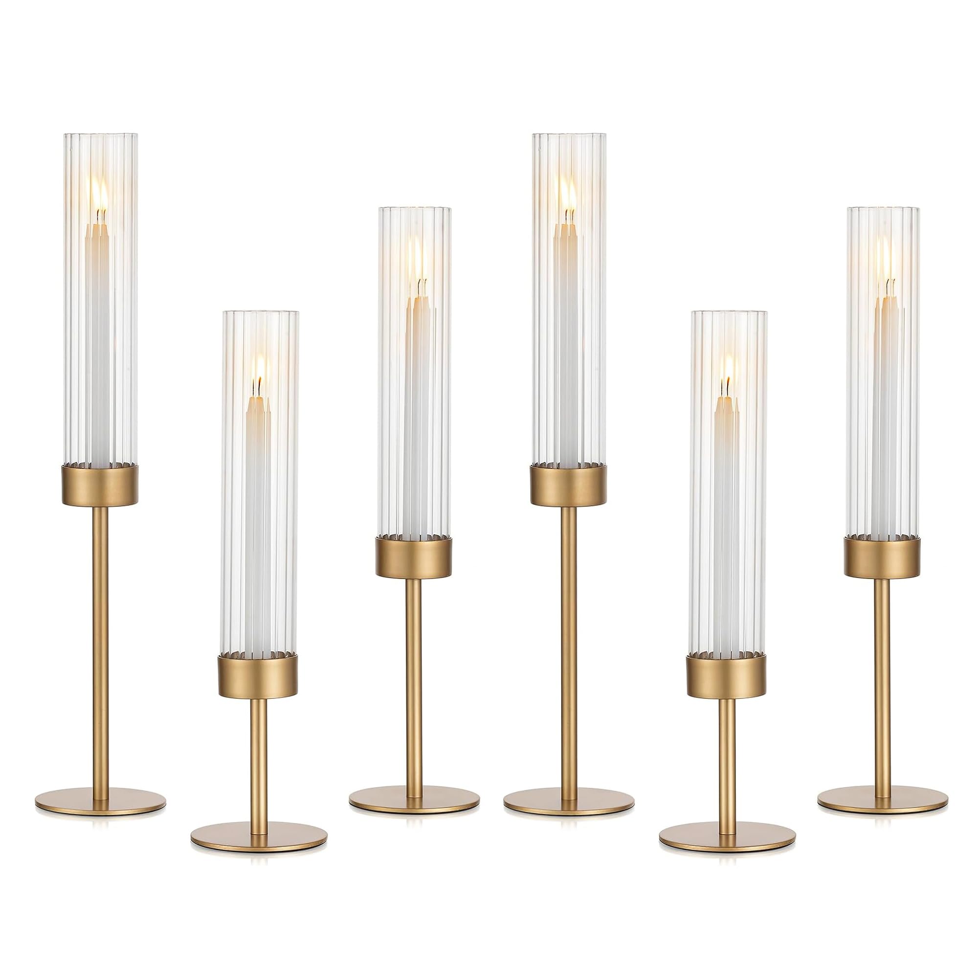 Glasseam Tapered Gold Candlestick Holders: 6 Pcs Tall Brass Taper Candle Holder with Ribbed Glass Cylinder - Hurricane Fluted Candle Holders for Table Centerpiece Wedding Party Christmas Decorations