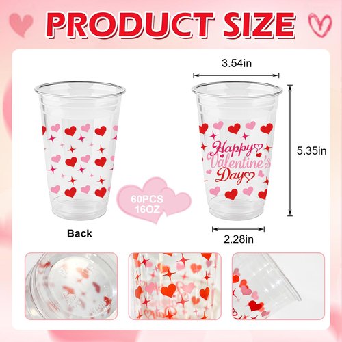 Prehalpty 60PCS Valentines Cups Disposable 16oz – Valentines Day Plastic Cup with Heart Design, Valentine Cups Bulk for Galentines Day Party Decorations