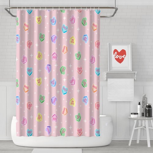 ZORKET Pink Valentines Day Shower Curtain Bathroom Decor, Candy Heart Shower Curtain Set with 12 Hooks, Valentine Shower Curtains for Bathroom, 72x72 Inch