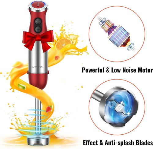 KOIOS 5-in-1 Hand Immersion Blender - 1000W 12-Speed Handheld Mixer with Copper Motor & Stainless Steel Blade | Includes 600ml Beaker, 500ml Food Processor, Whisk & Milk Frother - Non-BPA, Red