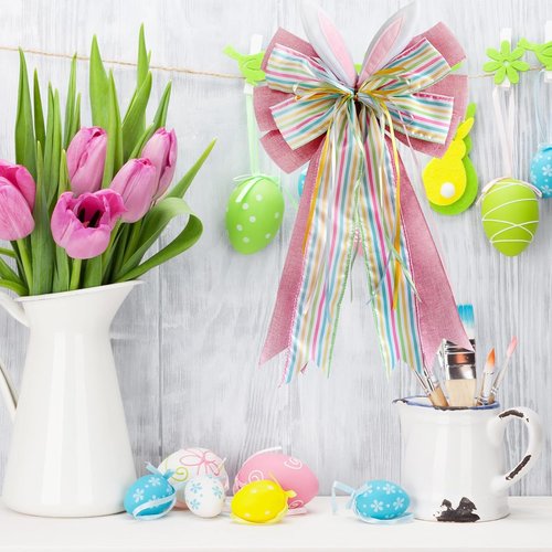 Large Easter Pink Burlap Bow - Bunny Ears Design | 11.5 x 20 Inches for Wreaths & Gift Baskets