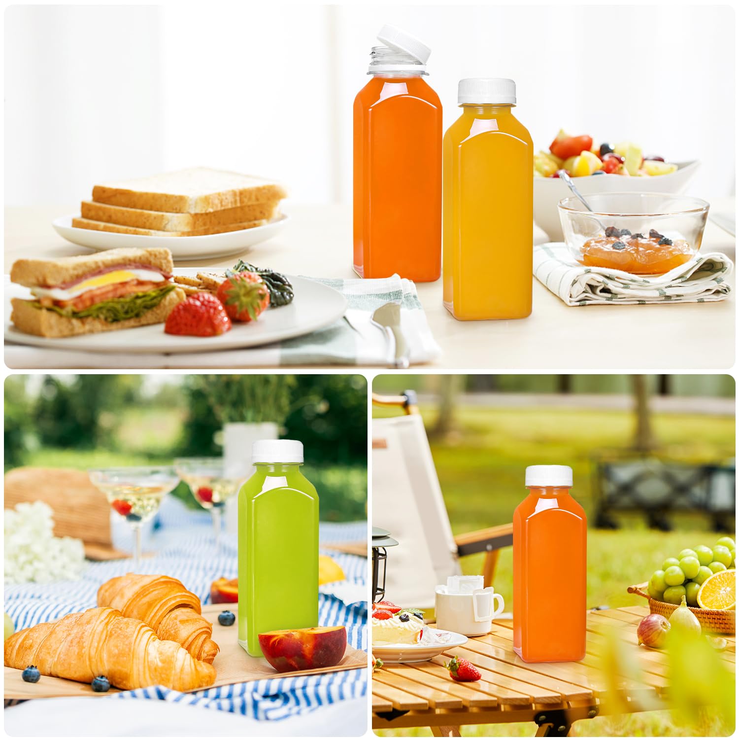 Plastic Juice Bottles with Caps 6 pcs - 12oz Reusable Juice Containers with Tamper Proof Lids White - Clear Juicing Bottles for Juicing Milk Smoothie Drinking and Other Beverages Christmas Gifts