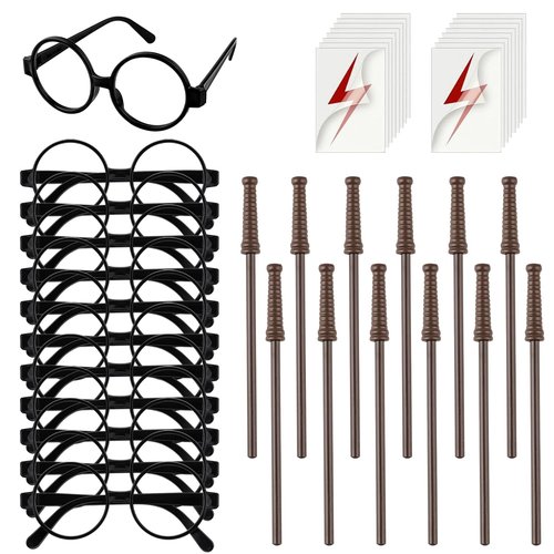36Pcs Wizard Theme Party Favors - Wand Pencils Wizard Glasses with No Lenses Lightning Bolt Scar Temporary Tattoo for Teen Kid Student Magic Birthday Party Favors Halloween Decor School Rewards Black