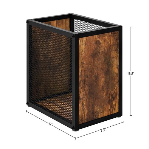 YATINEY Office Trash Can, 4 Gallon Garbage Can, Metal Wastebasket with Wood-Look Panels, Industrial Style Trash Can for Office, Study, Rustic Brown and Black WB03BR