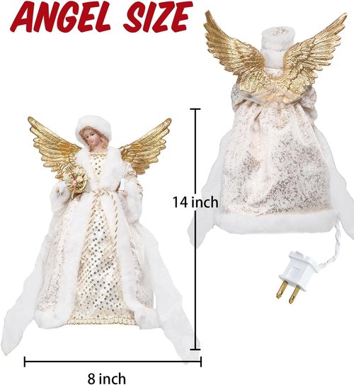 Bdor 14 Inch Christmas Tree Topper Angel - Elegant White & Gold Figurine with Lighted Wings for Holiday Décor