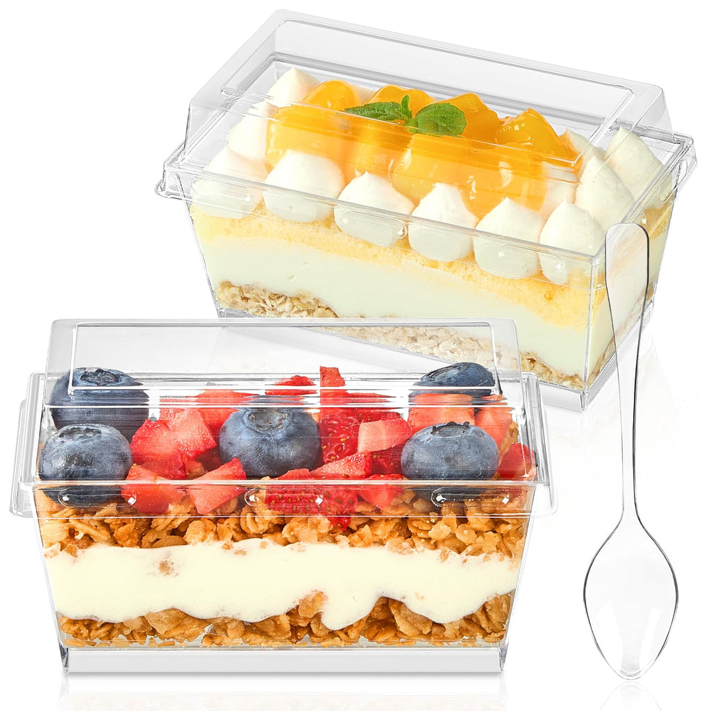 TOFLEN 50 Pack 5 oz Dessert Cups with Lids and Spoons, Mini Clear Plastic Parfait Cups, Rectangle Party Serving Bowls for Parfait, Appetizers, Mousse, Pudding