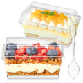 TOFLEN 50 Pack 5 oz Dessert Cups with Lids and Spoons, Mini Clear Plastic Parfait Cups, Rectangle Party Serving Bowls for Parfait, Appetizers, Mousse, Pudding