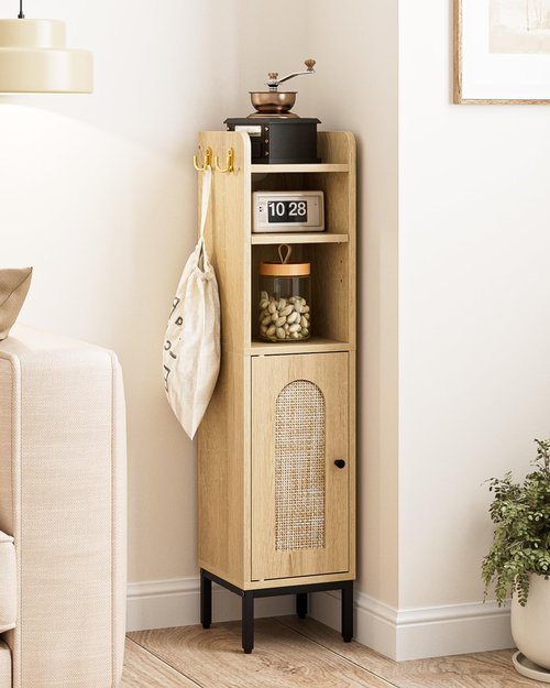 AEPOALUA Bathroom Storage Cabinet, Small Corner Floor Hutch with 2Hooks,Narrow Toilet Paper Cabinet with Rattan Door,Bathroom Organizer with Adjustable Shelf, for Small Spaces,Oak
