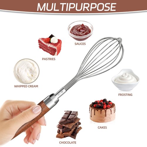 Stainless Steel Wire Whisk, Wooden Handle Kitchen Multi Function Non Stick Balloon Whisk Egg Beater for Blending Whisking, Beating, Frothing & Stirring Batters (10"L x 1.8"W)