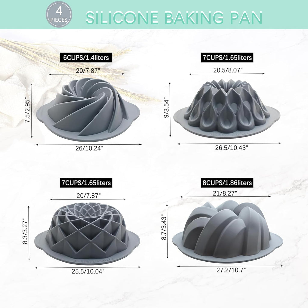 Tongjude Silicone Fluted Cake Pans - Non-Stick 4-Piece Set for Baking Cakes & Jello | 6/7/8 Cups, Grey