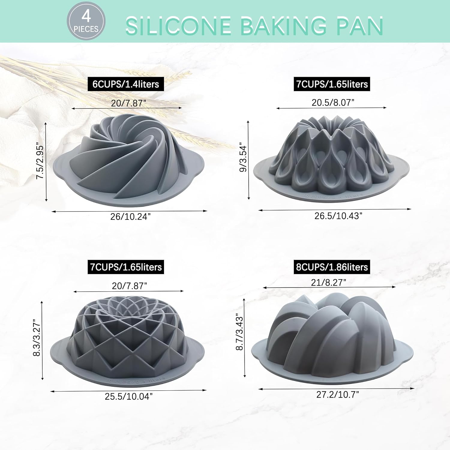 Tongjude Silicone Fluted Cake Pans - Non-Stick 4-Piece Set for Baking Cakes & Jello | 6/7/8 Cups, Grey