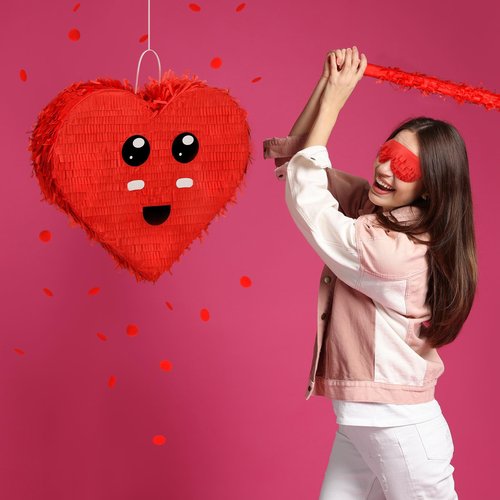 Soulchen 4 Pcs Valentine Party Games Valentine Classroom Party Games Red Heart Piñata with Batting Stick Blindfold Confetti for Birthday Holiday Adult