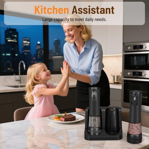 Veiliss 2pcs Electric Salt and Pepper Grinder Set With Battery Display Rechargeable Base, External Adjustable Coarseness, Automatic Ceramic Salt & Pepper Shakers Mills (Black Pro)