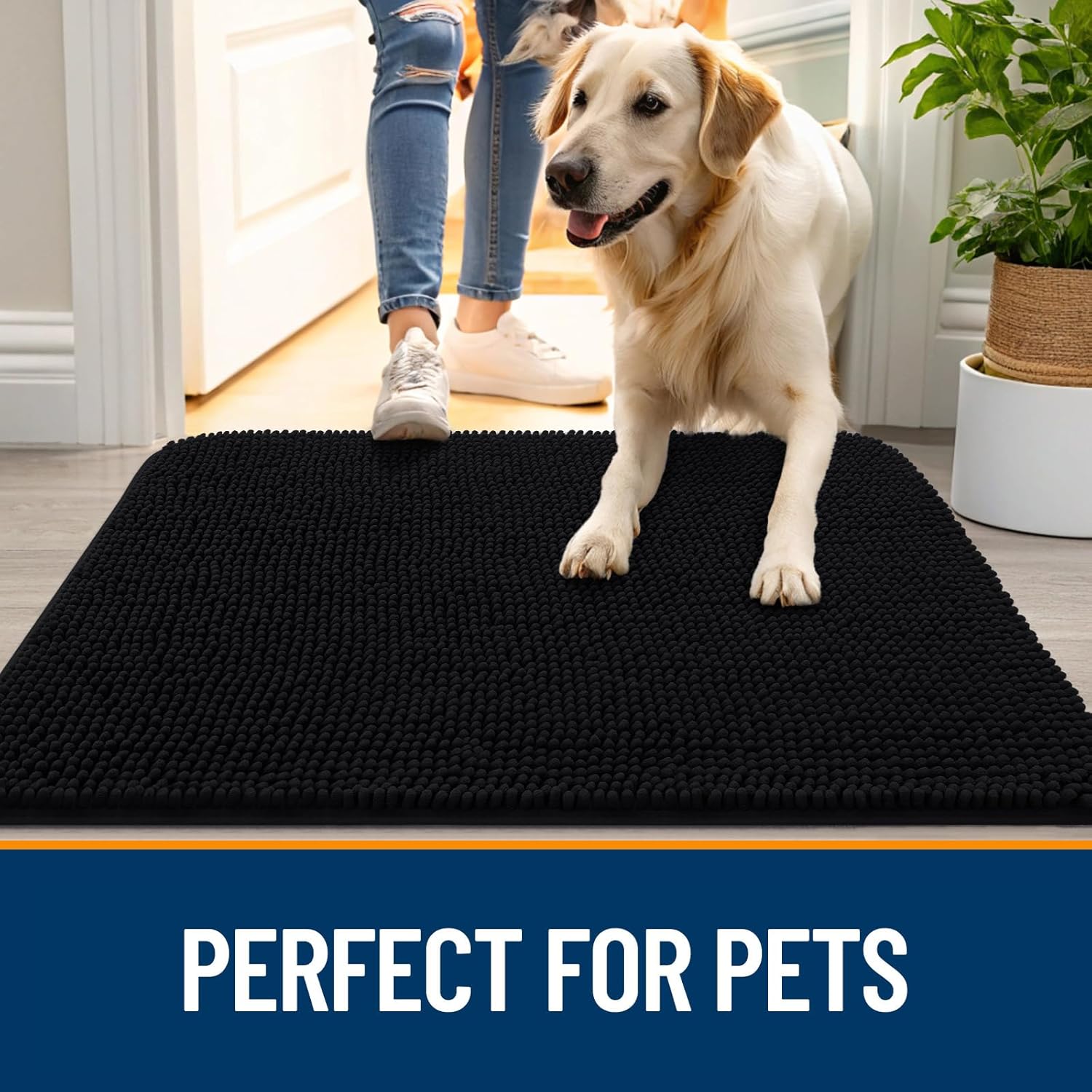 OLANLY Dog Door Mat - Absorbent Non-Slip Washable Chenille Mat for Muddy Paws | 32x20 Inches, Black