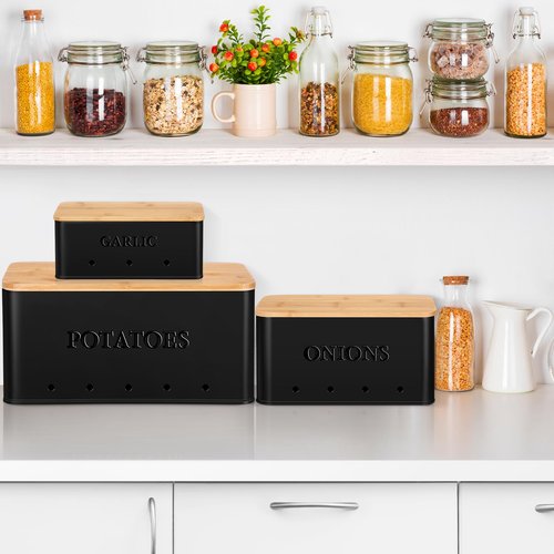 Honeydak 3 PCS Potato Onion Garlic Storage Bins Set, Metal Vegetable Keeper Containers with Lids Aerating Holes for Kitchen Counter Pantry Keep Fresh Longer Farmhouse for Sweet-potato Fruit(Black)
