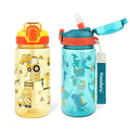 wooshwa Kids Water Bottle for School or Travel, 20 Oz 2 Pack Durable Plastic Water Bottle with Silicone Straw and Pop-Up Spout Cover, BPA Free & Dishwasher Safe(Excavator & Dinosaur)
