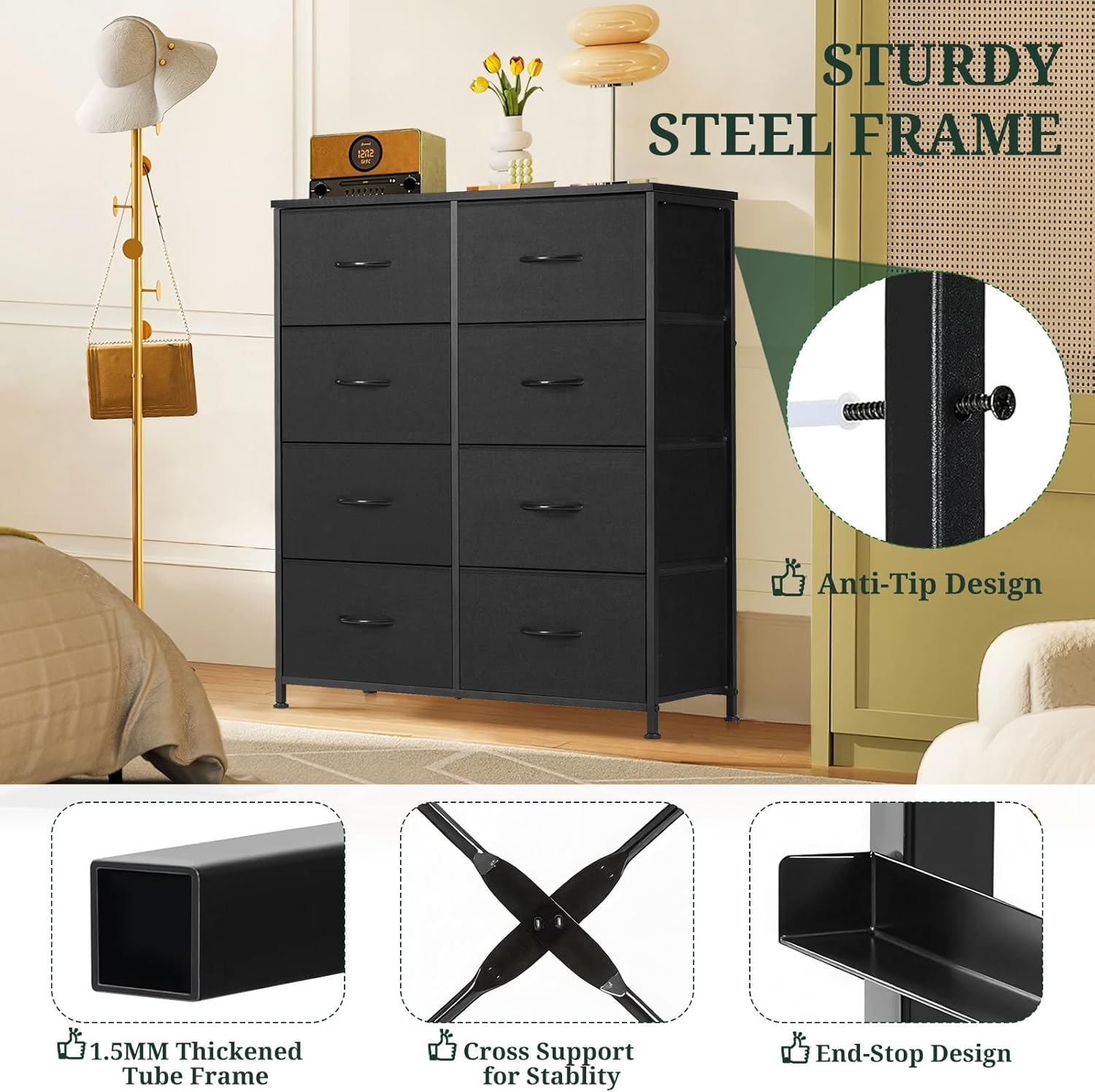 Regine Switzerland 8-Drawer Dresser - Anti-Tip Storage Organizer with Wooden Top & Metal Frame | Black