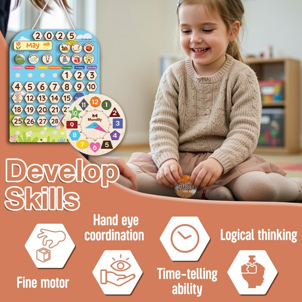 Skiennix Interactive Wooden Calendar for Kids Ages 3+ | Teach Seasons & Daily Activities (12 x 15 Inches)
