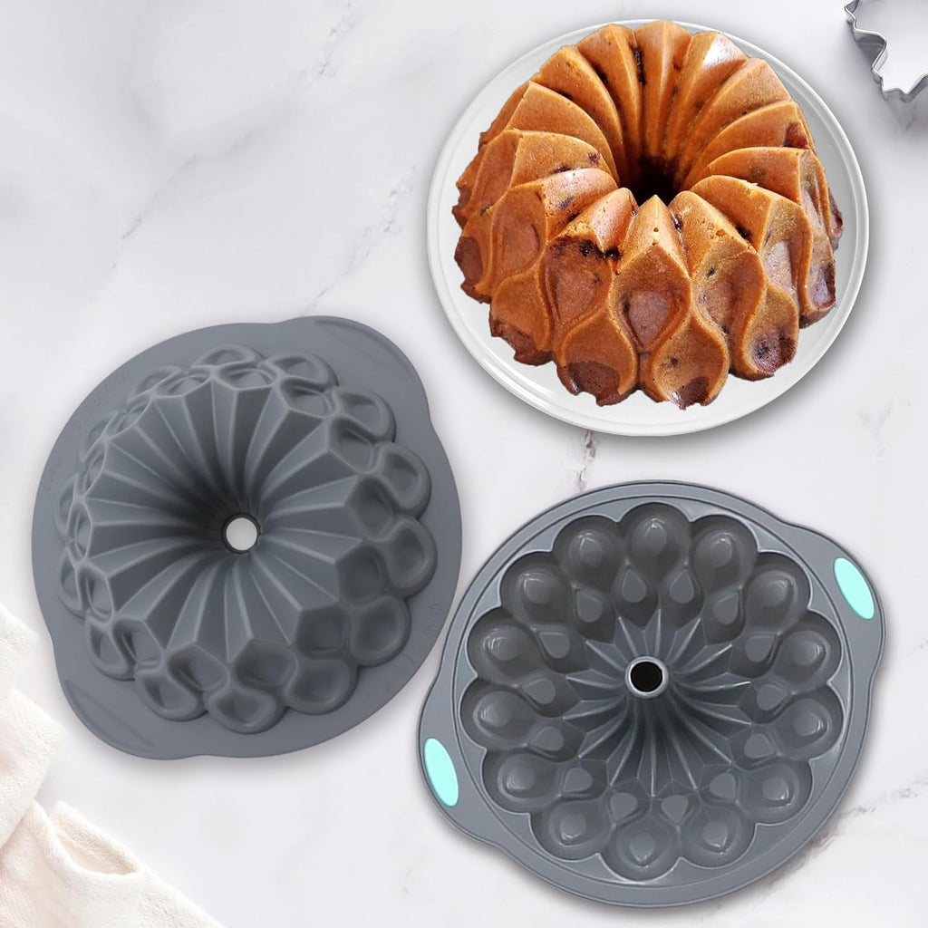 Tongjude Silicone Fluted Cake Pans - Non-Stick 4-Piece Set for Baking Cakes & Jello | 6/7/8 Cups, Grey