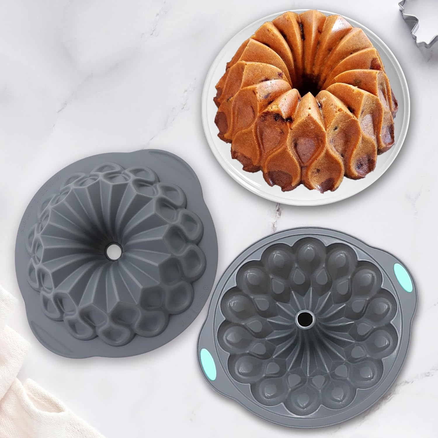 Tongjude Silicone Fluted Cake Pans - Non-Stick 4-Piece Set for Baking Cakes & Jello | 6/7/8 Cups, Grey