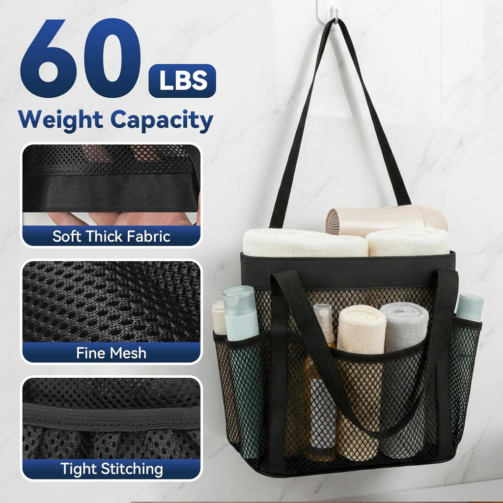 YASONIC Mesh Shower Caddy - Portable 8-Pocket Shower Bag with Double Handles | Black for Dorm & Gym Use